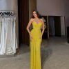3 Bella Customized Yerllow Strapless Halter Neck robes de soirée Mermaid Party Dresses Backless Floor-Length Beading Prom Dress