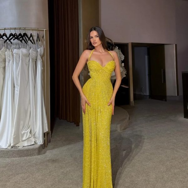 3 Bella Customized Yerllow Strapless Halter Neck robes de soirée Mermaid Party Dresses Backless Floor-Length Beading Prom Dress