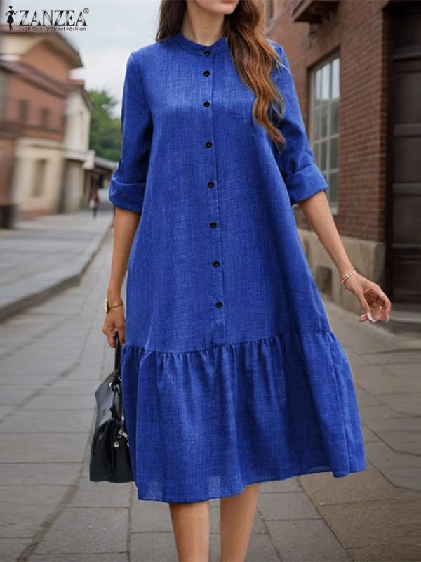 5 Vintage O Neck Long Sleeve Shirt Dress 2025 ZANZEA Spring Sundress Women Solid Work Dresses Casual Button Midi Robe Vestidos