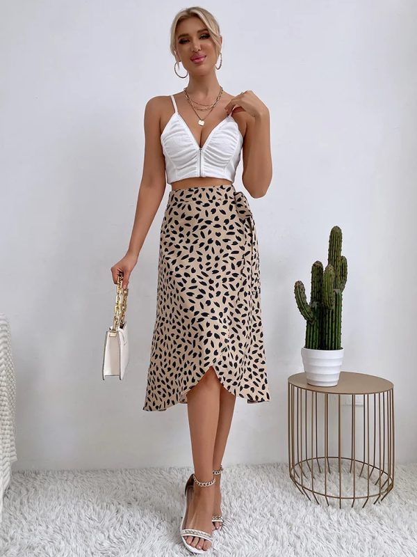 6 Benuynffy Boho Women Casual Print Tie Side Wrap Skirt Elegant High Waist Female Summer Asymmetrical Knee Length A-Line Skirts