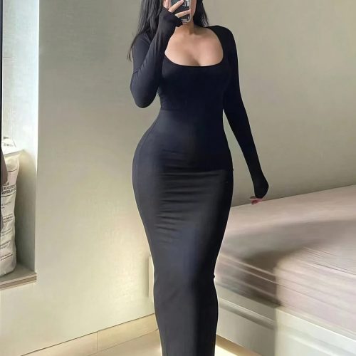 Women's Solid Long Sleeve Bodycon Dress, Chic Basic Minimalist Causual Fashion Scoop Neck Long Dress, Womenswear