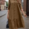 blue Vintage O Neck Long Sleeve Shirt Dress 2025 ZANZEA Spring Sundress Women Solid Work Dresses Casual Button Midi Robe Vestidos