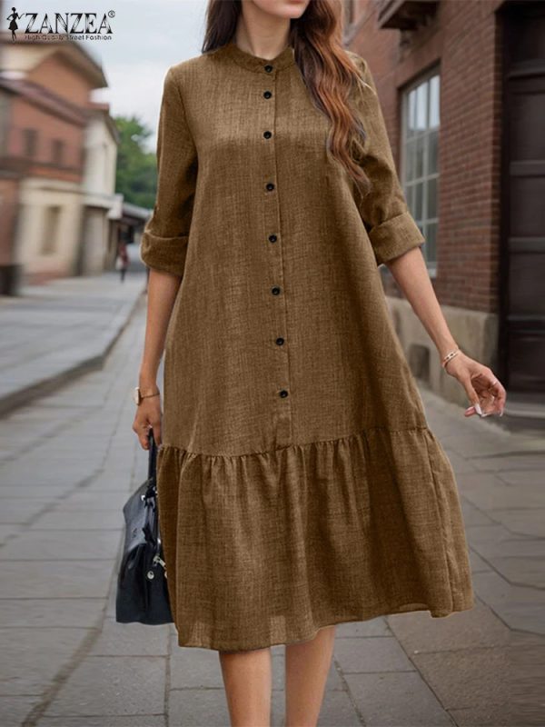 blue Vintage O Neck Long Sleeve Shirt Dress 2025 ZANZEA Spring Sundress Women Solid Work Dresses Casual Button Midi Robe Vestidos