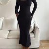 deep_blue Women's Solid Long Sleeve Bodycon Dress, Chic Basic Minimalist Causual Fashion Scoop Neck Long Dress, Womenswear