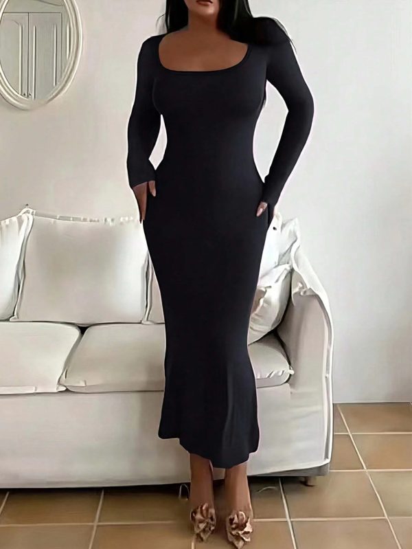 deep_blue Women's Solid Long Sleeve Bodycon Dress, Chic Basic Minimalist Causual Fashion Scoop Neck Long Dress, Womenswear