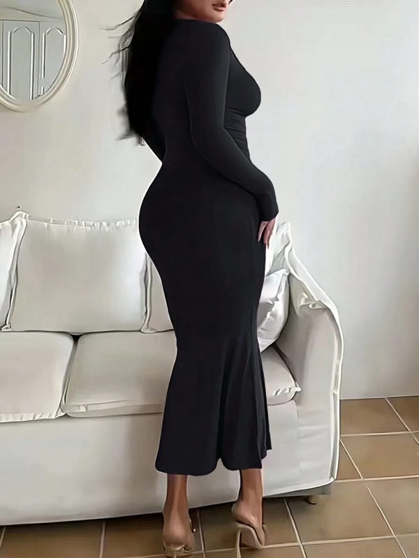 gray Women's Solid Long Sleeve Bodycon Dress, Chic Basic Minimalist Causual Fashion Scoop Neck Long Dress, Womenswear