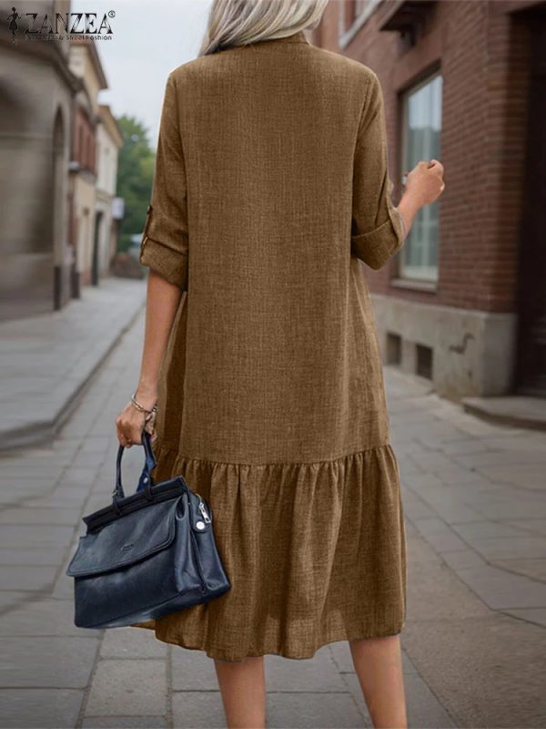 khaki Vintage O Neck Long Sleeve Shirt Dress 2025 ZANZEA Spring Sundress Women Solid Work Dresses Casual Button Midi Robe Vestidos