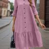 pink Vintage O Neck Long Sleeve Shirt Dress 2025 ZANZEA Spring Sundress Women Solid Work Dresses Casual Button Midi Robe Vestidos