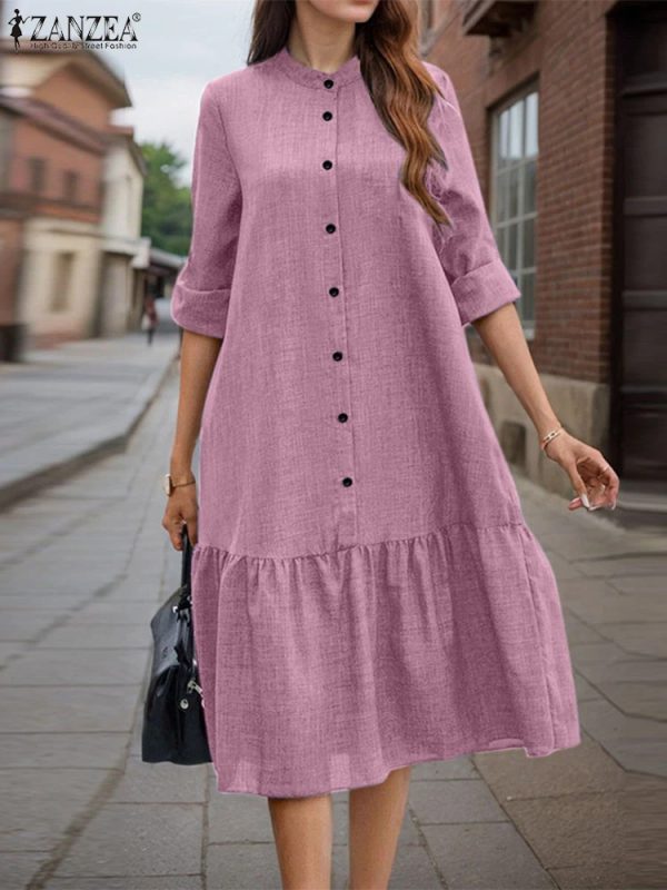 pink Vintage O Neck Long Sleeve Shirt Dress 2025 ZANZEA Spring Sundress Women Solid Work Dresses Casual Button Midi Robe Vestidos